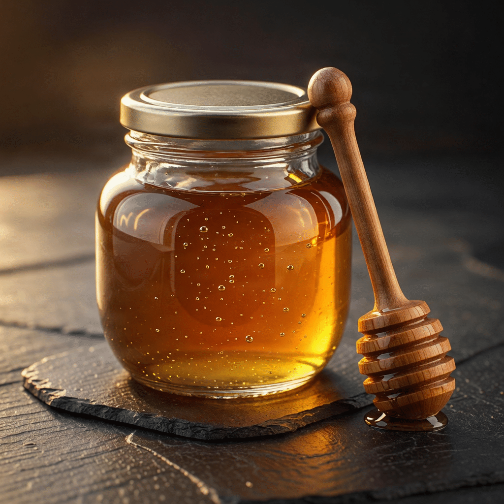 Premium pure honey jar with a wooden dipper on a dark, elegant background.