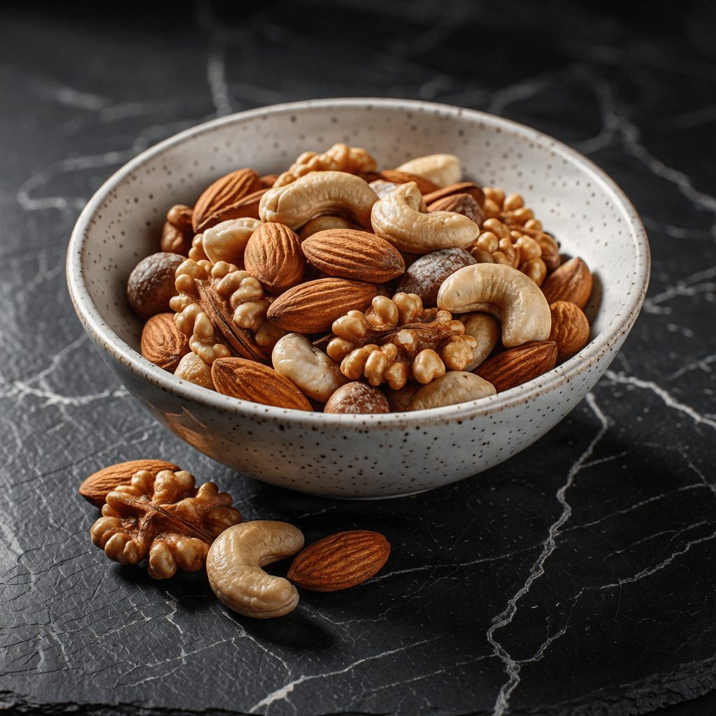 Premium assorted healthy nuts in a ceramic bowl on a dark background.