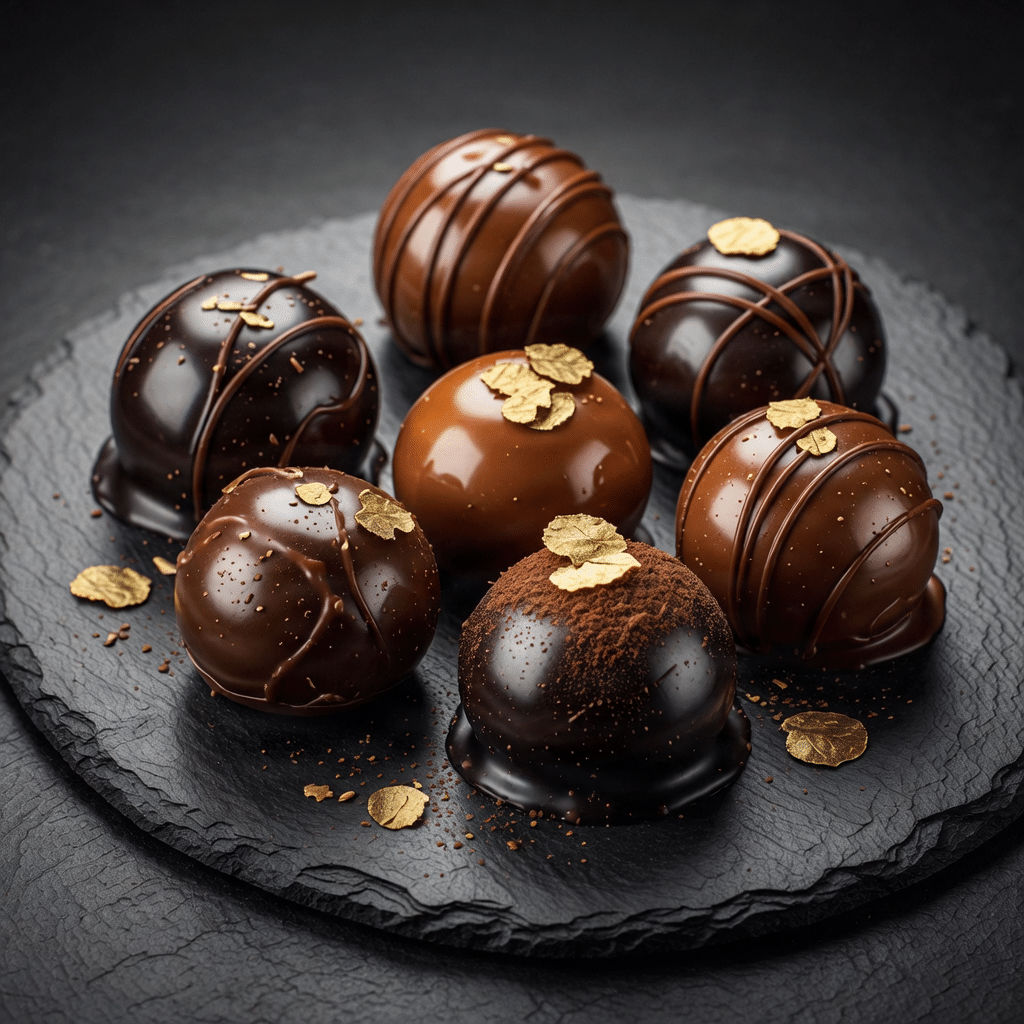 Premium homemade chocolates arranged elegantly on a dark surface.